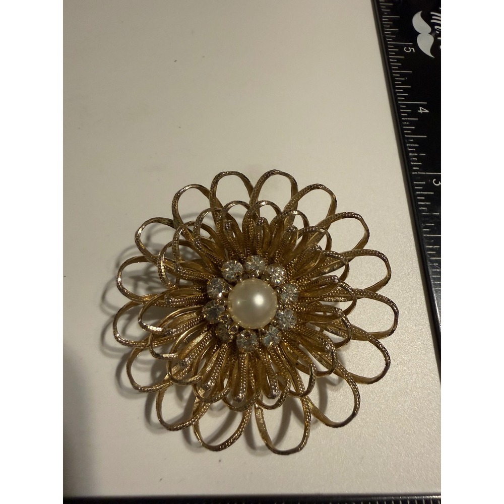 Vintage Gold Tone Flower Brooch Faux Pearl Rhinestone Layered Wire Petal Pin